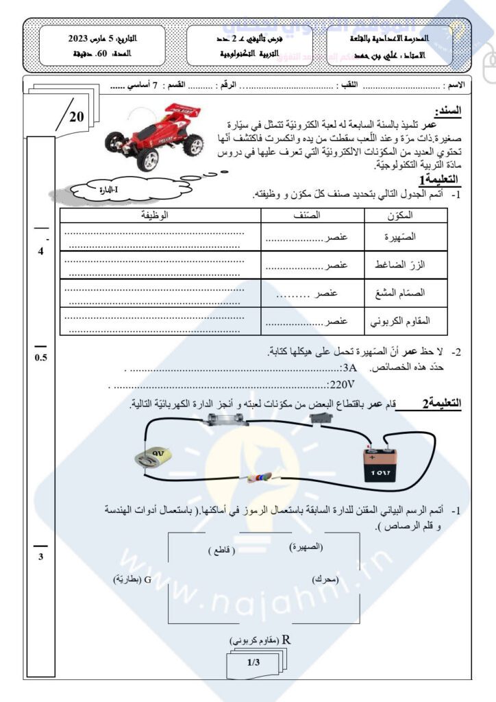 فرض تأليفي عدد2 في التربية التكنولوجية السنة السابعة أساسي 2023