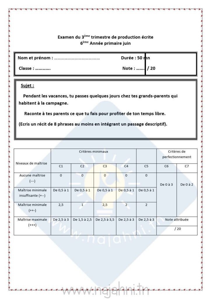 امتحانات Production écrite  الثلاثي الثالث السنة السادسة ابتدائي