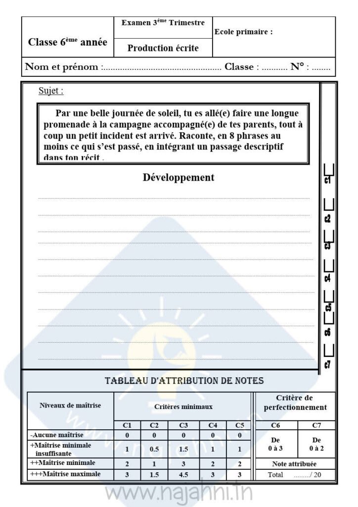 امتحانات Production écrite  الثلاثي الثالث السنة السادسة ابتدائي