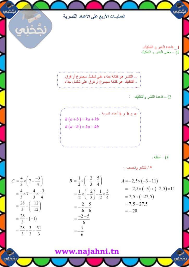 مُلخص لدرس العمليات في مجموعة الأعداد الكسرية