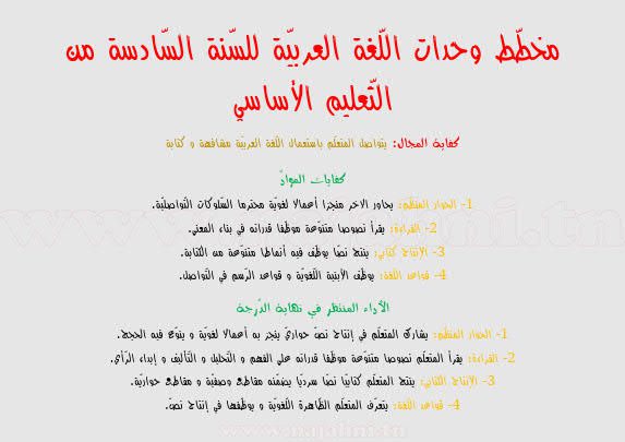 مخطط وحدات اللغة العربية السنة السادسة ابتدائي