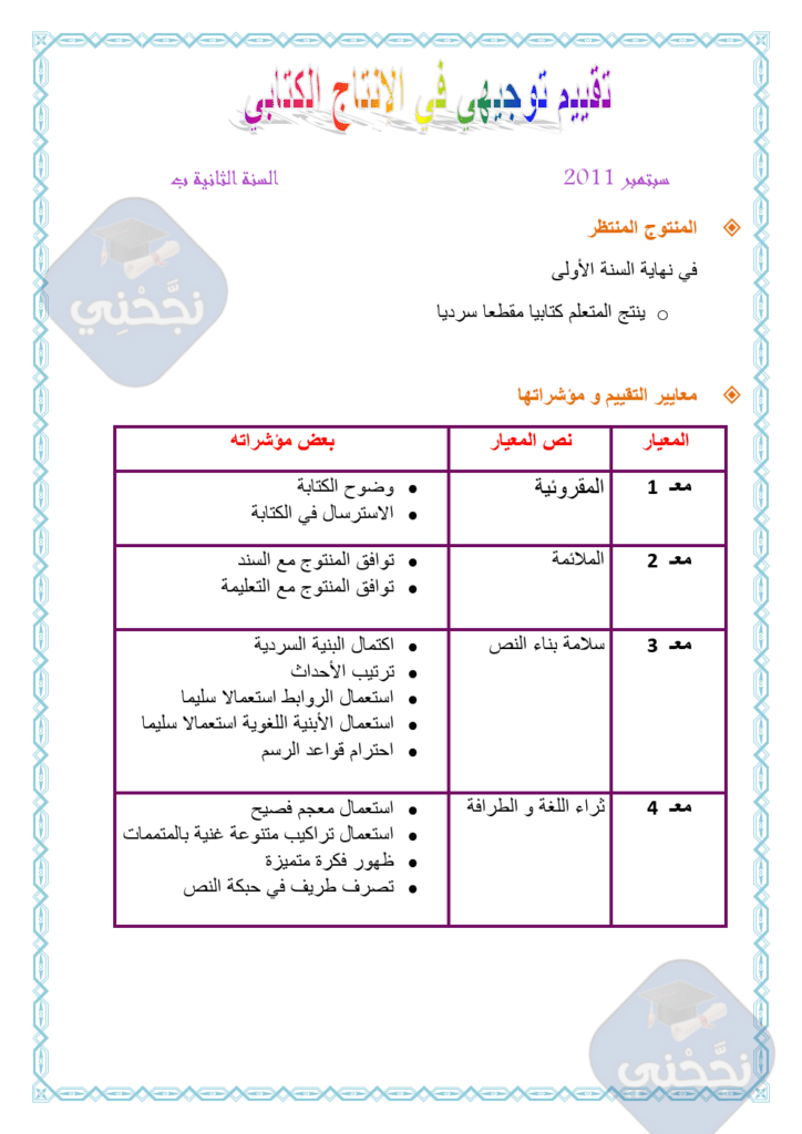 تقييم توجيهي في الإنتاج الكتابي السنة الثانية ابتدائي