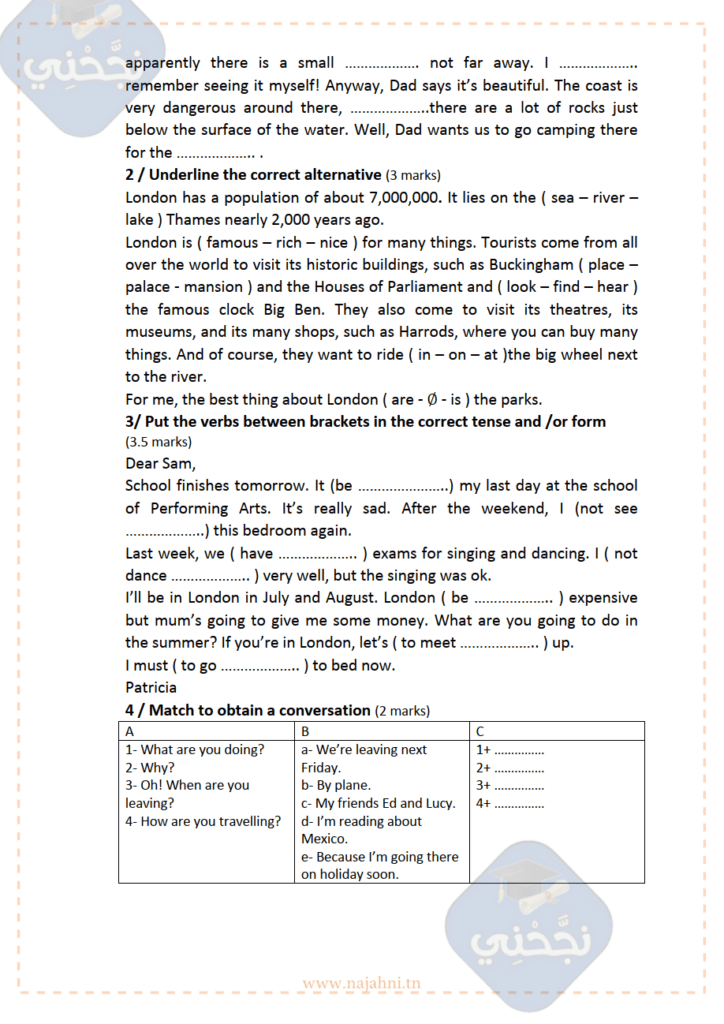 devoir de contrôle n°1 Anglais 8eme pilote