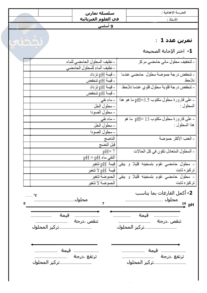 سلسلة تمارين في الفيزياء درجة القلوية و درجة الحموضية