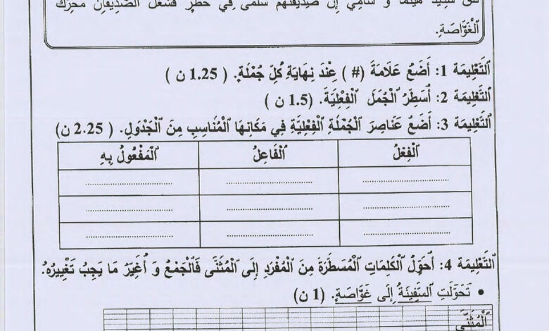 اختبار قواعد لغة سنة ثالثة الثلاثي الثالث